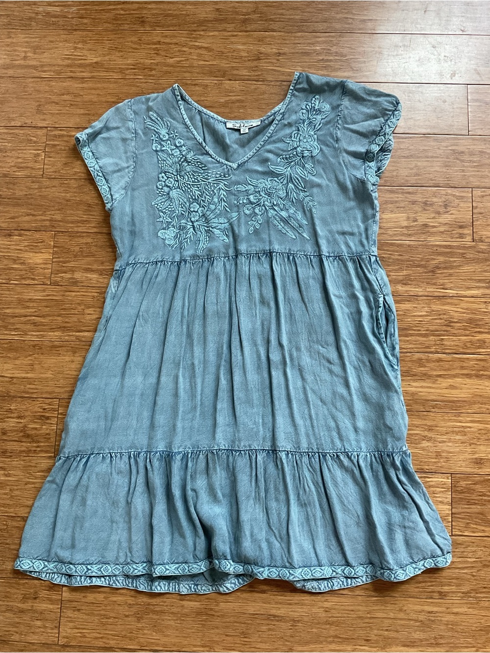 Solitaire Light Blue Embroidered Tiered Dress